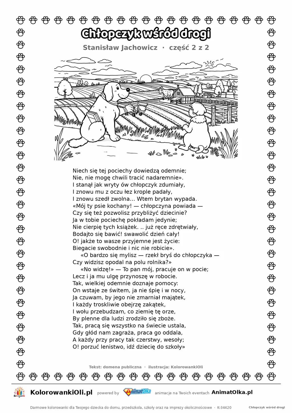 Chłopczyk wśród drogi (Stanisław Jachowicz) — tekst wiersza i ilustracja do kolorowania (część 2 z 2), karta A4 do druku