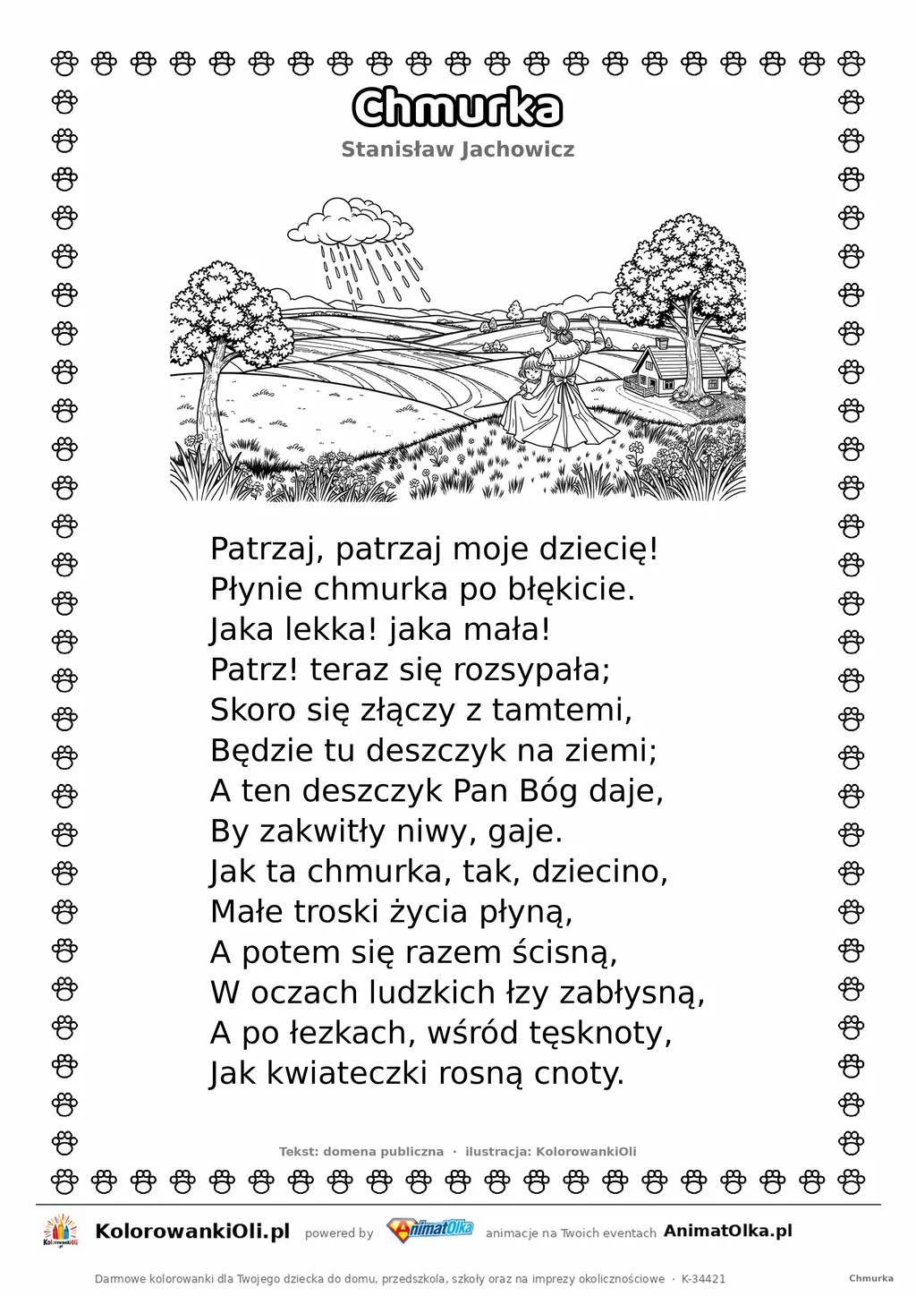 Chmurka (Stanisław Jachowicz) — tekst wiersza i ilustracja do kolorowania, karta A4 do druku