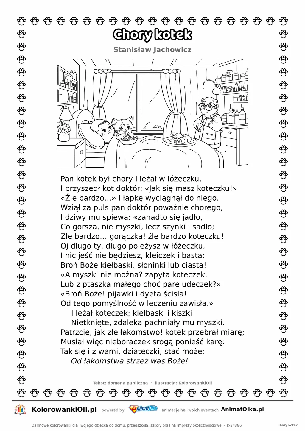 Chory kotek (Stanisław Jachowicz) — tekst wiersza i ilustracja do kolorowania, karta A4 do druku