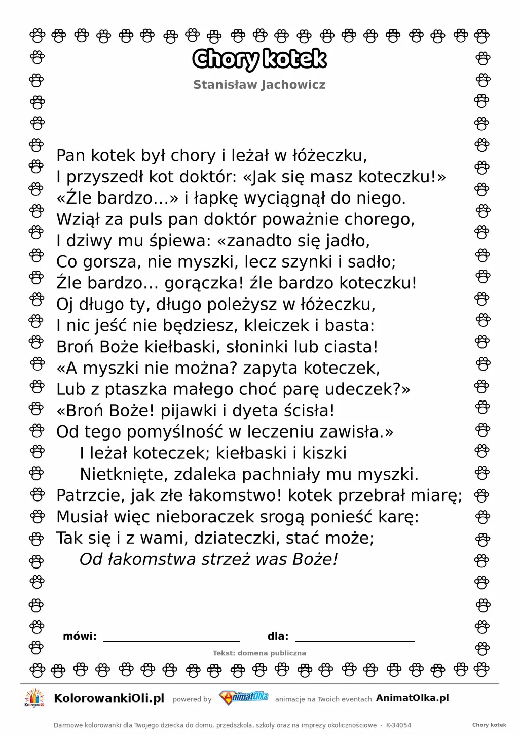 Chory kotek (Stanisław Jachowicz) — tekst wiersza do druku A4 z ramką do pokolorowania