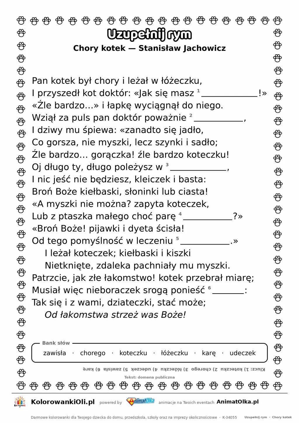 Uzupełnij rym — Chory kotek (Stanisław Jachowicz): karta pracy z lukami w rymach, A4