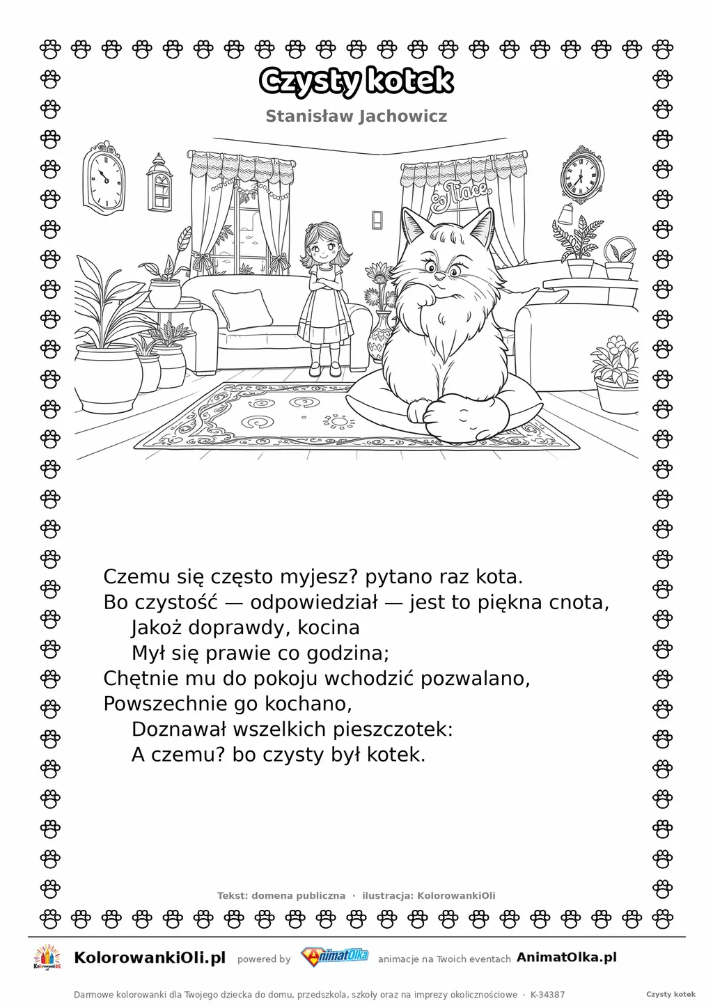 Czysty kotek (Stanisław Jachowicz) — tekst wiersza i ilustracja do kolorowania, karta A4 do druku