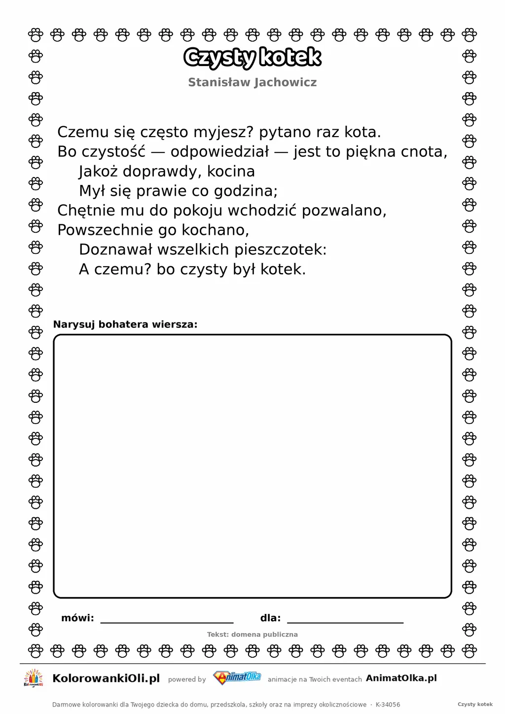 Czysty kotek (Stanisław Jachowicz) — tekst wiersza do druku A4 z ramką do pokolorowania