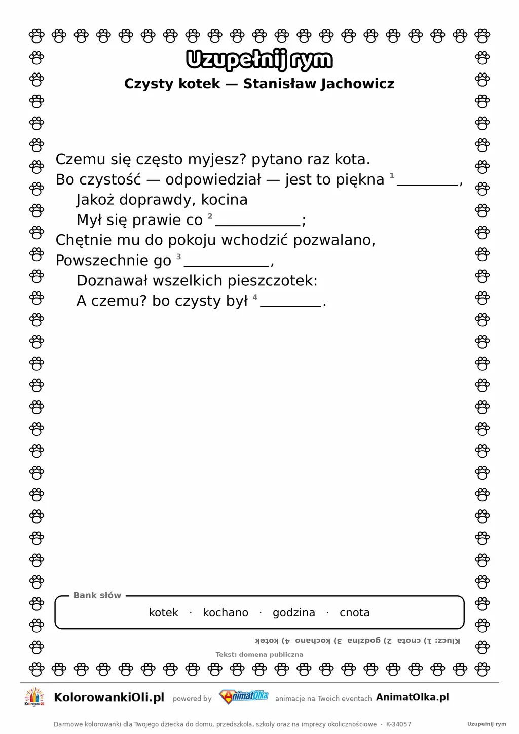 Uzupełnij rym — Czysty kotek (Stanisław Jachowicz): karta pracy z lukami w rymach, A4