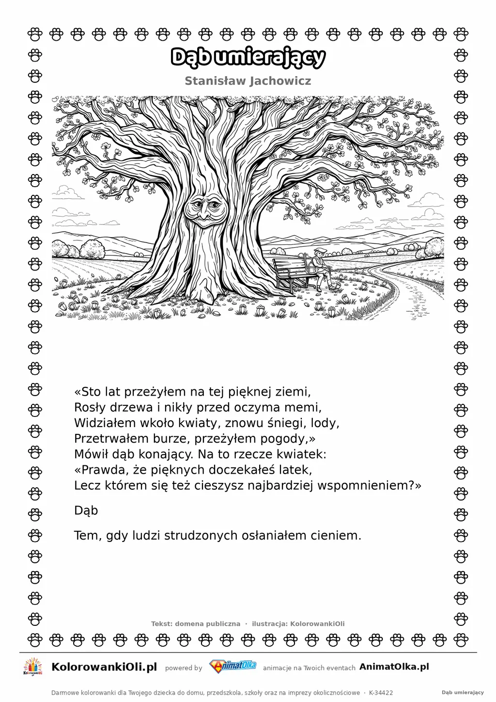 Dąb umierający (Stanisław Jachowicz) — tekst wiersza i ilustracja do kolorowania, karta A4 do druku