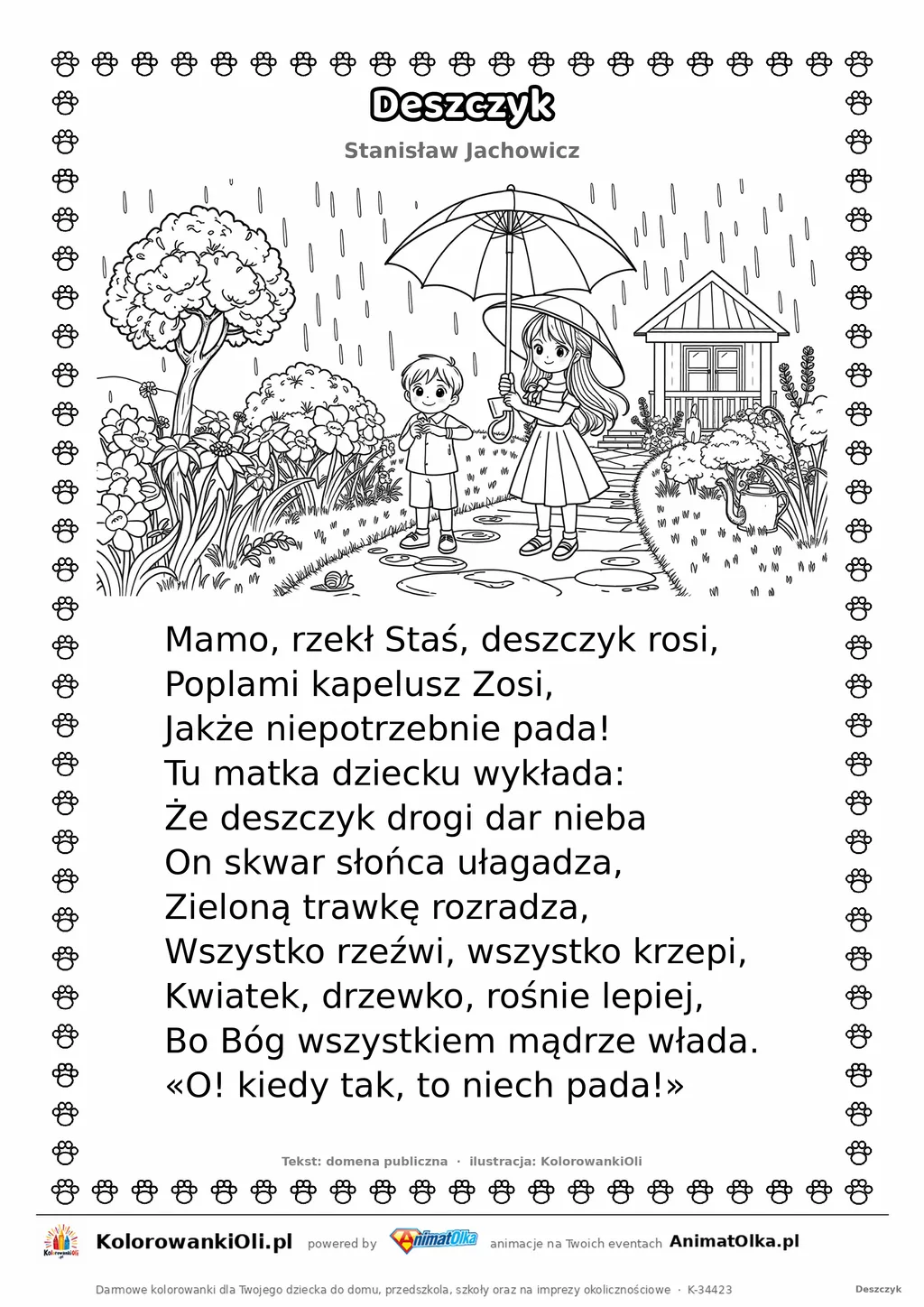 Deszczyk (Stanisław Jachowicz) — tekst wiersza i ilustracja do kolorowania, karta A4 do druku