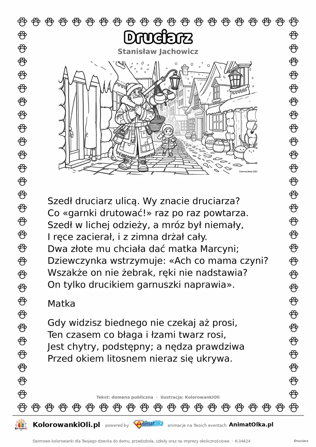 Druciarz (Stanisław Jachowicz) — tekst wiersza i ilustracja do kolorowania, karta A4 do druku