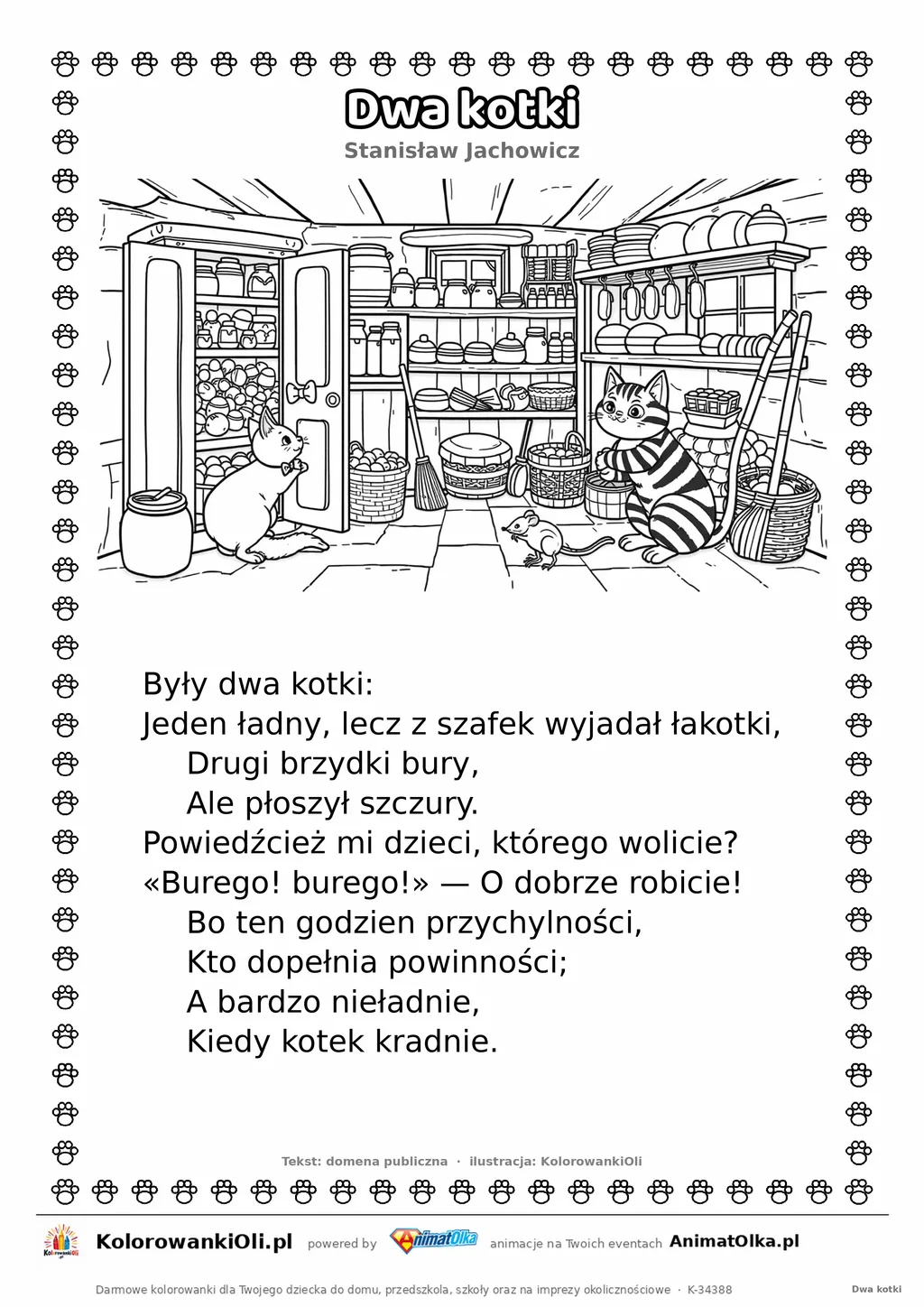 Dwa kotki (Stanisław Jachowicz) — tekst wiersza i ilustracja do kolorowania, karta A4 do druku
