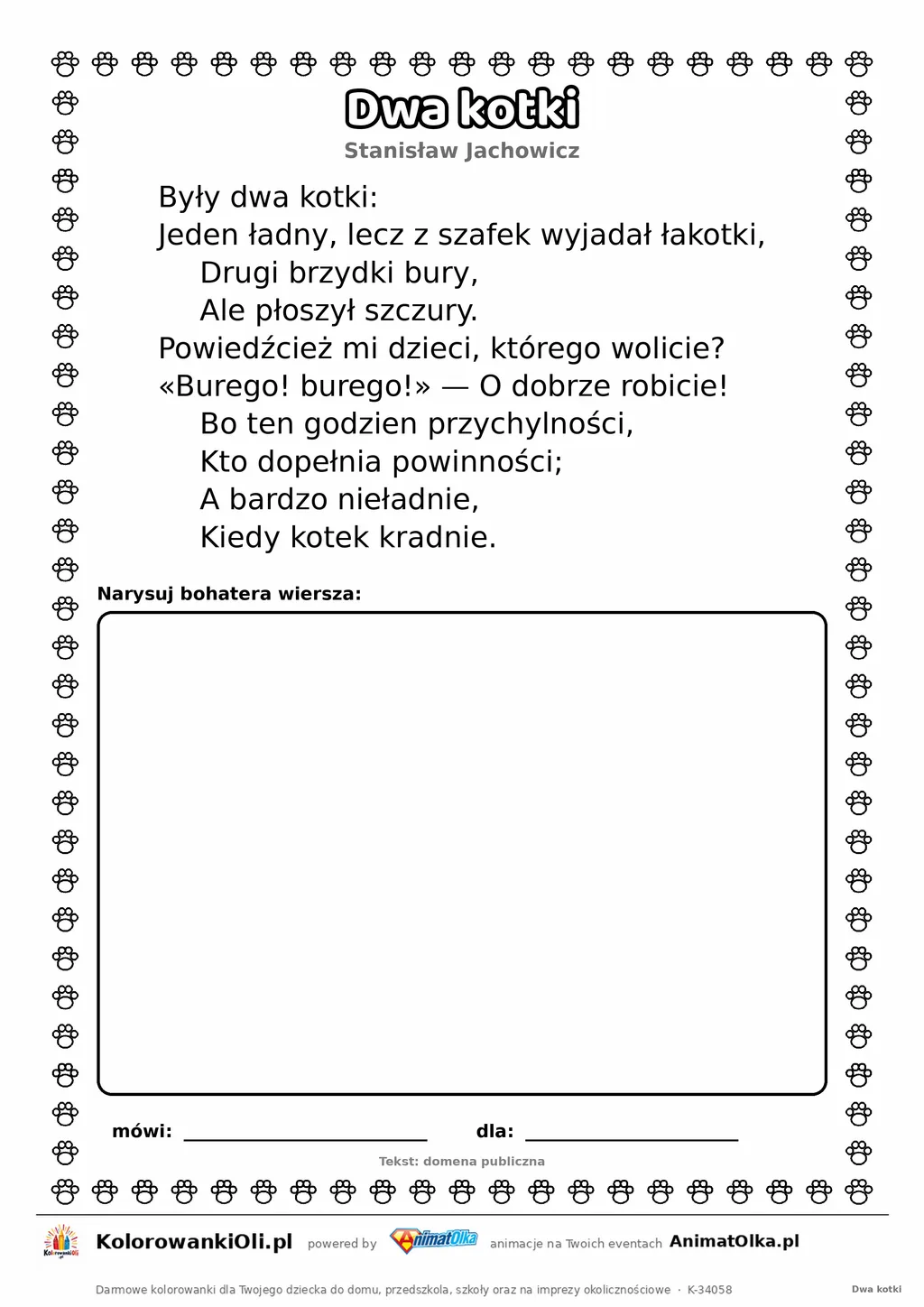 Dwa kotki (Stanisław Jachowicz) — tekst wiersza do druku A4 z ramką do pokolorowania