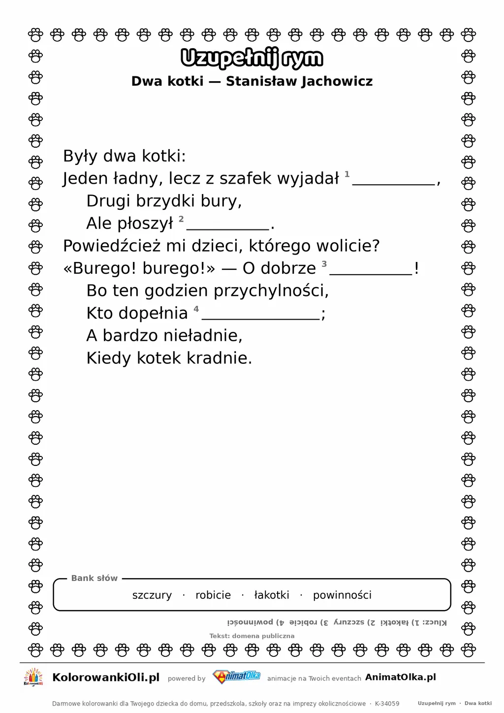 Uzupełnij rym — Dwa kotki (Stanisław Jachowicz): karta pracy z lukami w rymach, A4