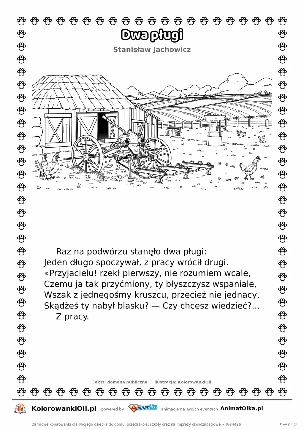 Dwa pługi (Stanisław Jachowicz) — tekst wiersza i ilustracja do kolorowania, karta A4 do druku