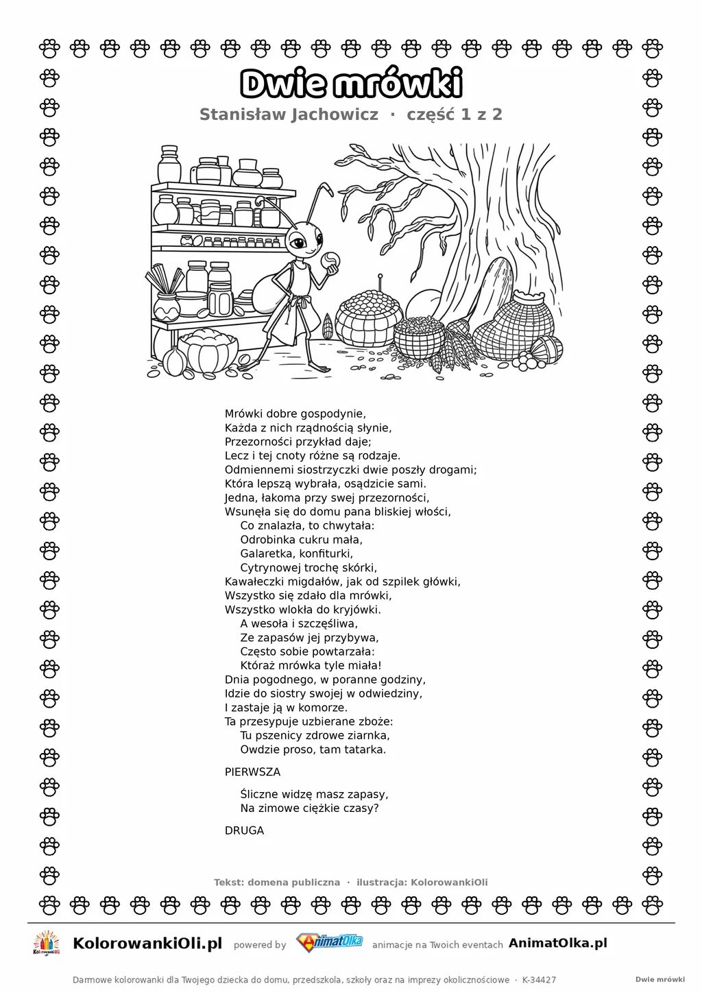 Dwie mrówki (Stanisław Jachowicz) — tekst wiersza i ilustracja do kolorowania (część 1 z 2), karta A4 do druku