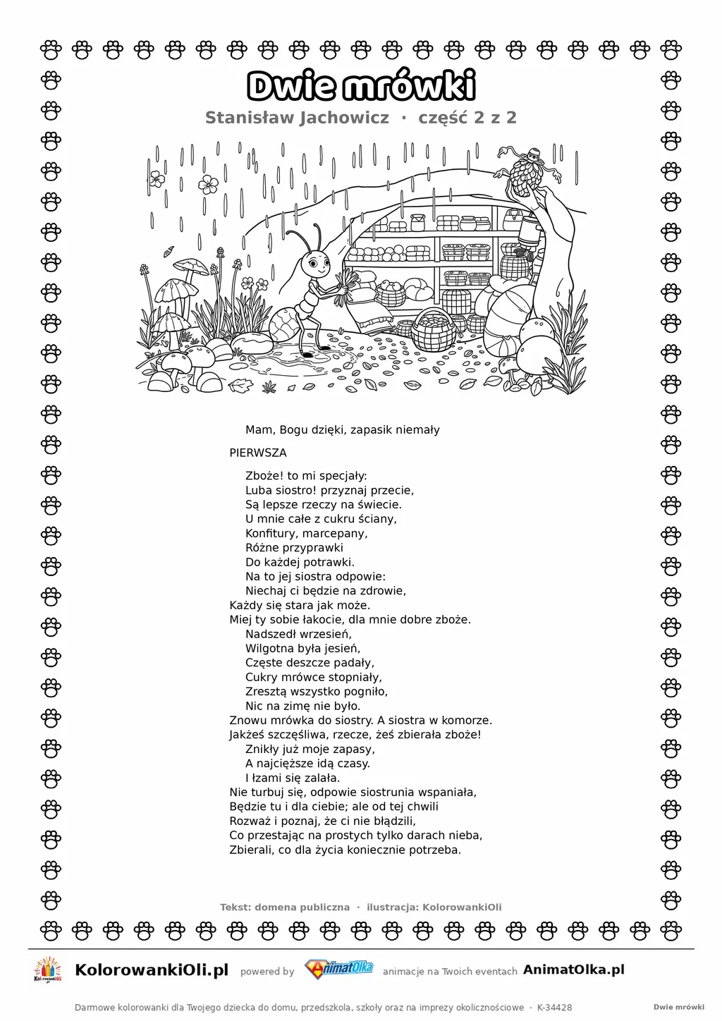 Dwie mrówki (Stanisław Jachowicz) — tekst wiersza i ilustracja do kolorowania (część 2 z 2), karta A4 do druku