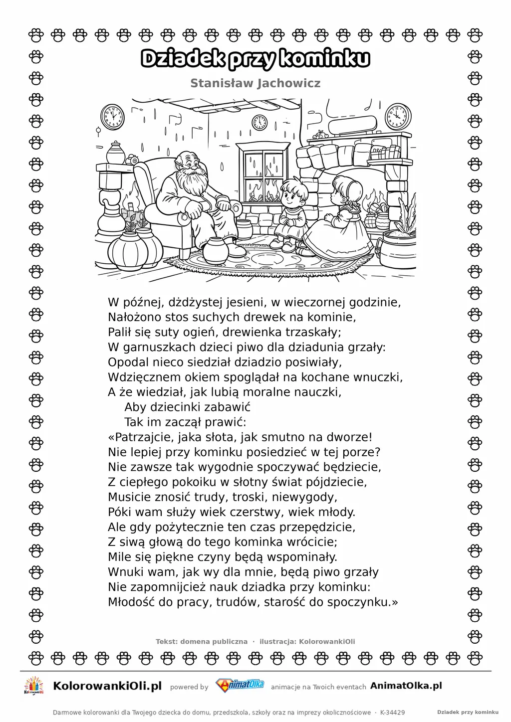Dziadek przy kominku (Stanisław Jachowicz) — tekst wiersza i ilustracja do kolorowania, karta A4 do druku