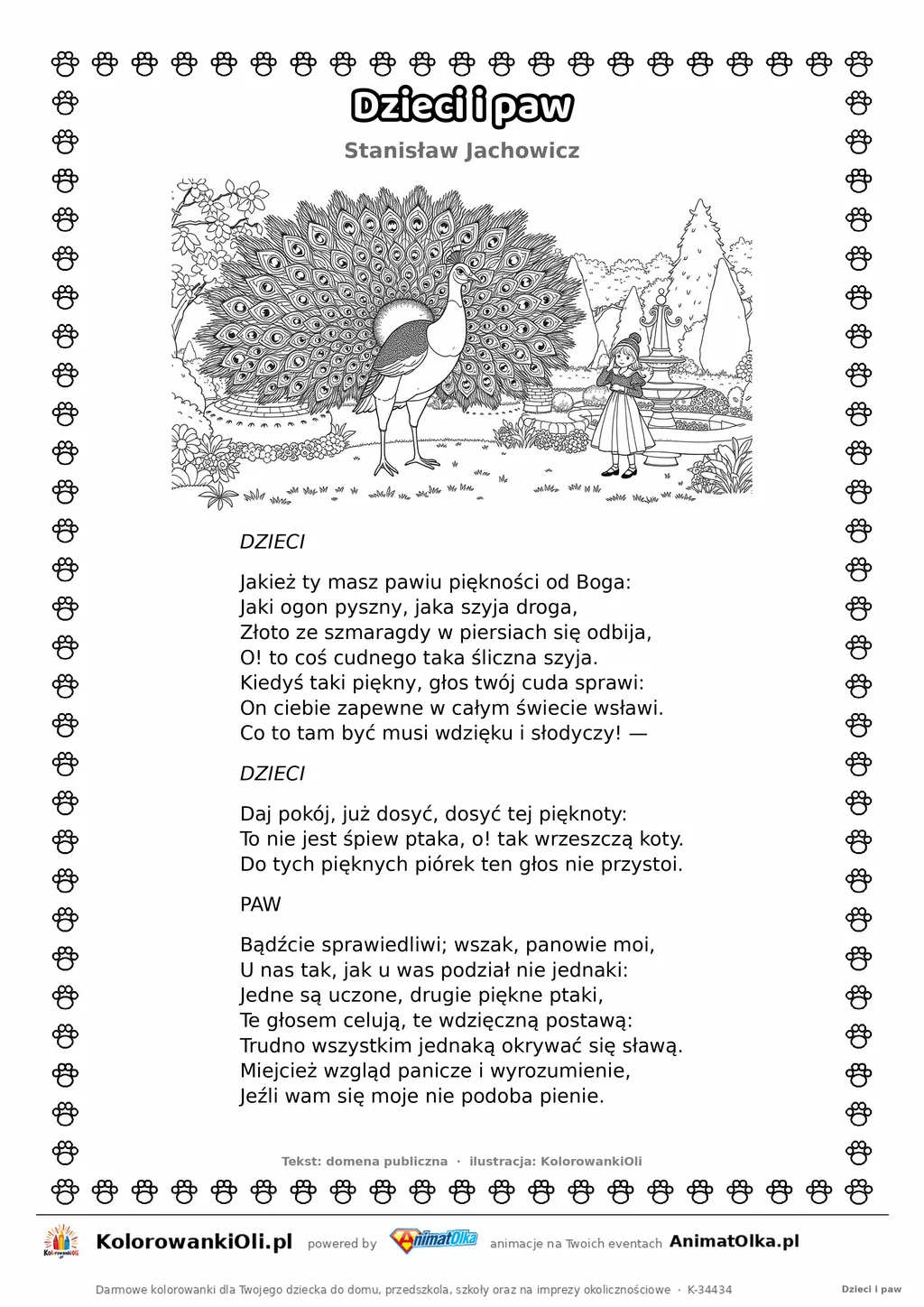 Dzieci i paw (Stanisław Jachowicz) — tekst wiersza i ilustracja do kolorowania, karta A4 do druku