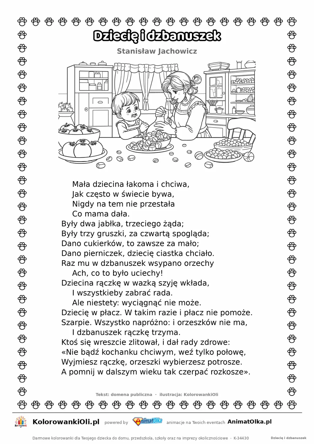 Dziecię i dzbanuszek (Stanisław Jachowicz) — tekst wiersza i ilustracja do kolorowania, karta A4 do druku
