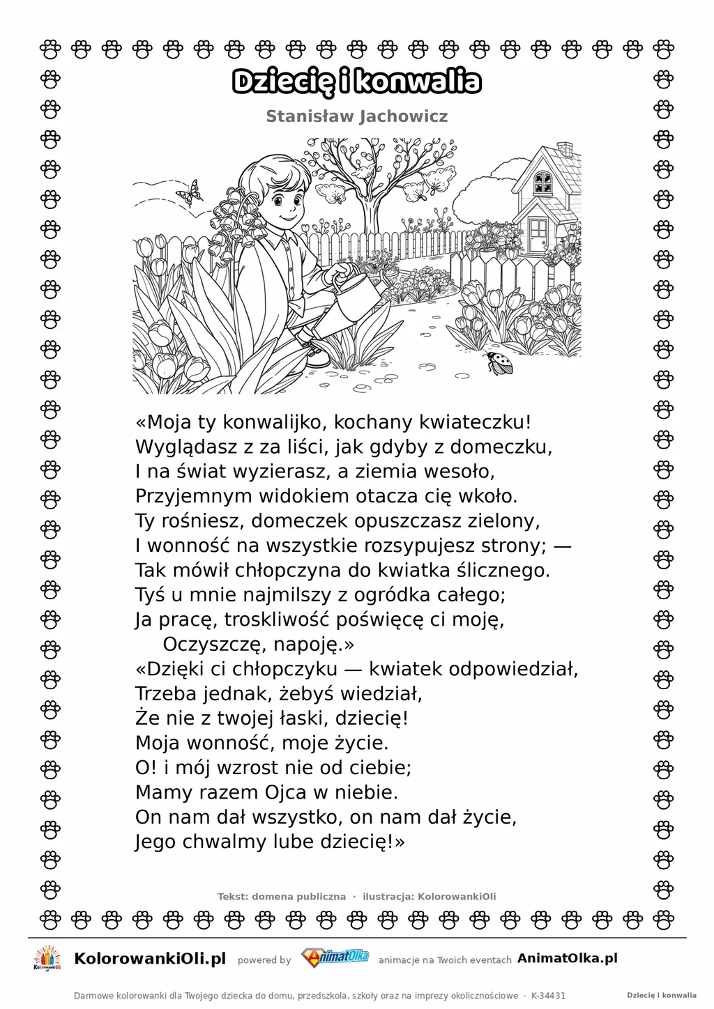 Dziecię i konwalia (Stanisław Jachowicz) — tekst wiersza i ilustracja do kolorowania, karta A4 do druku