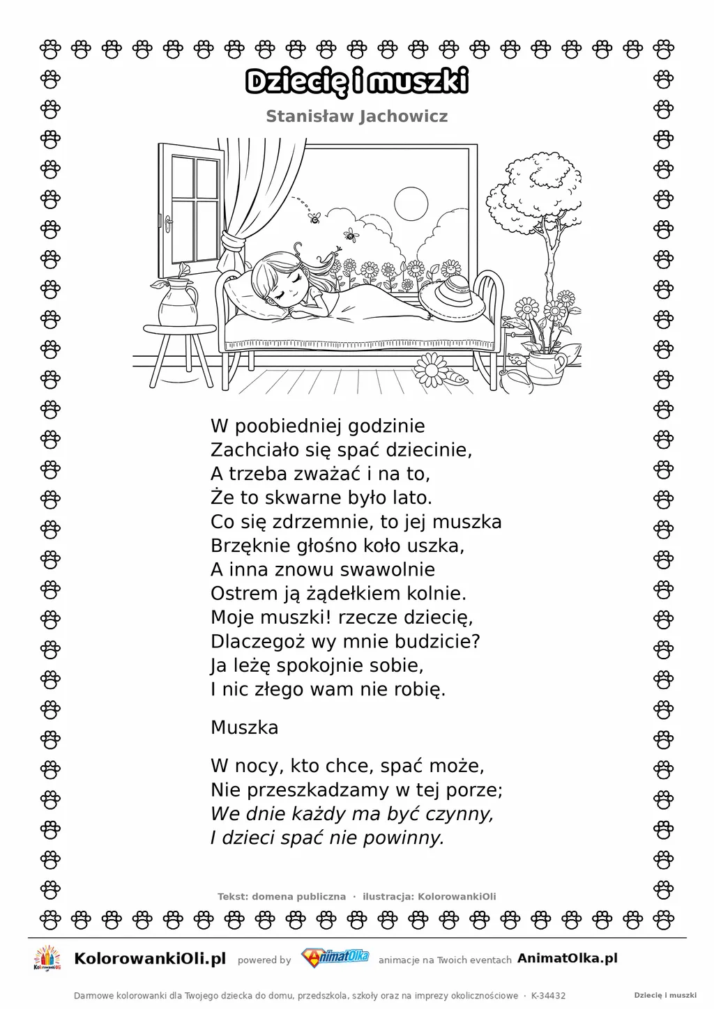 Dziecię i muszki (Stanisław Jachowicz) — tekst wiersza i ilustracja do kolorowania, karta A4 do druku