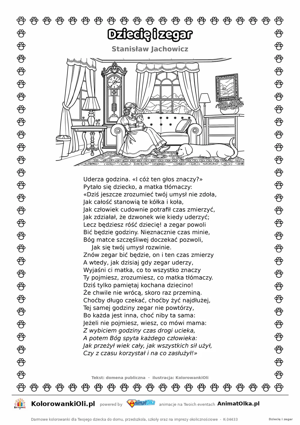 Dziecię i zegar (Stanisław Jachowicz) — tekst wiersza i ilustracja do kolorowania, karta A4 do druku