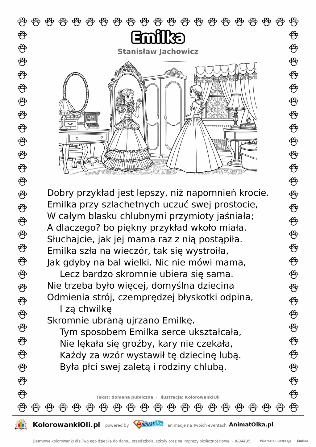 Emilka (Stanisław Jachowicz) — tekst wiersza i ilustracja do kolorowania, karta A4 do druku
