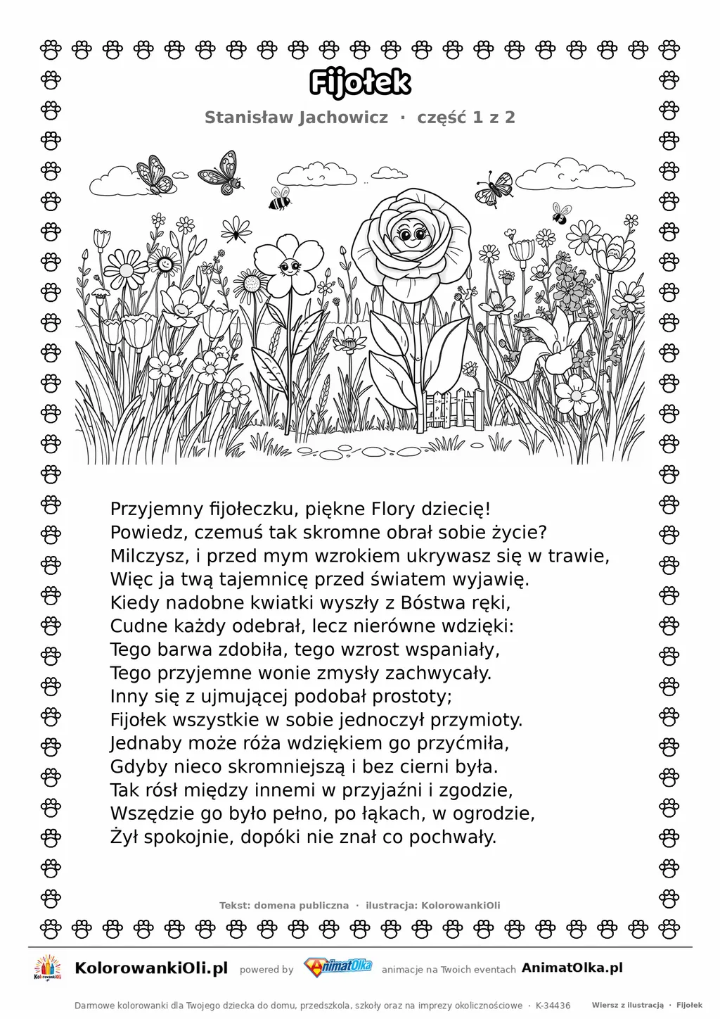 Fijołek (Stanisław Jachowicz) — tekst wiersza i ilustracja do kolorowania (część 1 z 2), karta A4 do druku