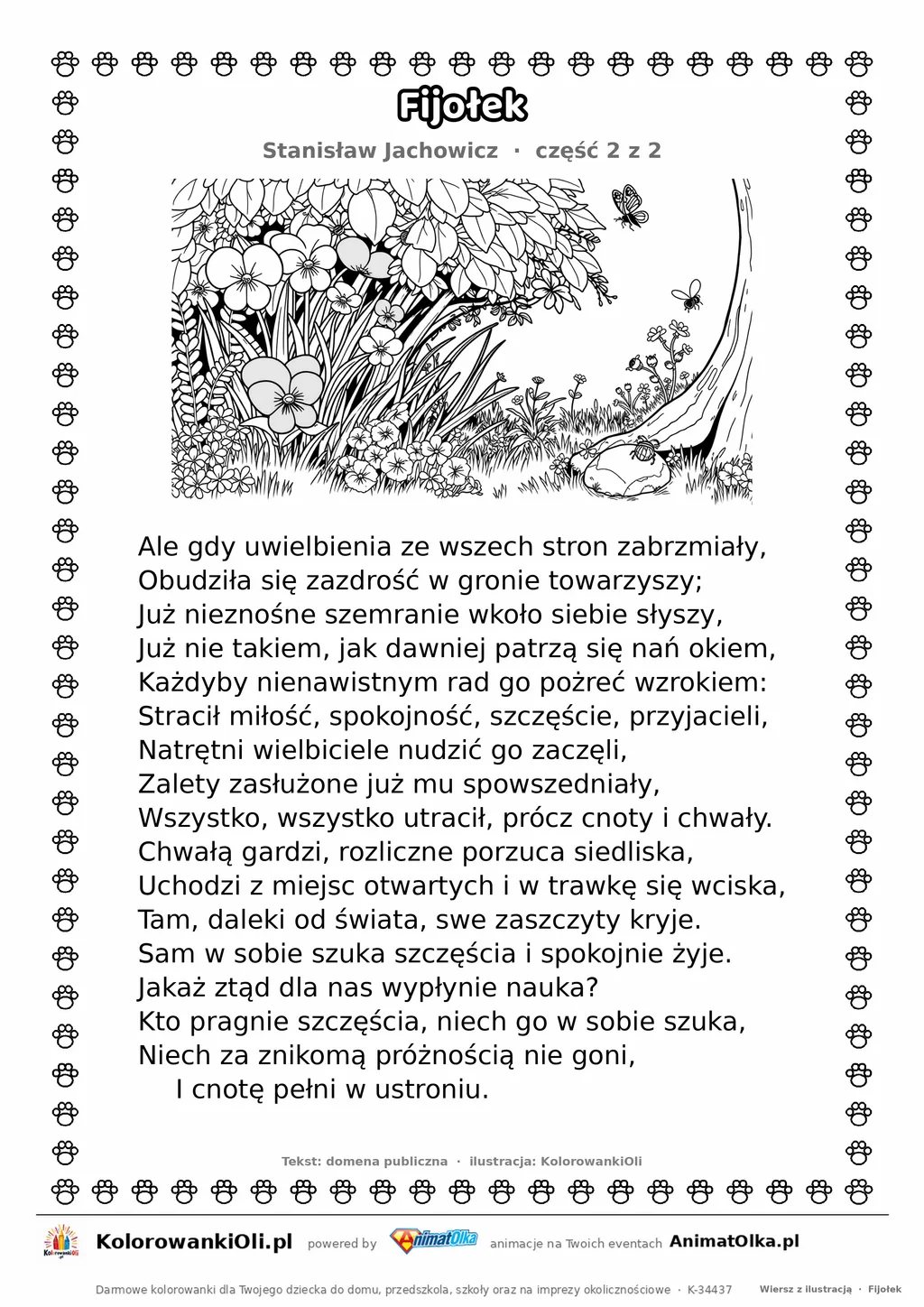Fijołek (Stanisław Jachowicz) — tekst wiersza i ilustracja do kolorowania (część 2 z 2), karta A4 do druku