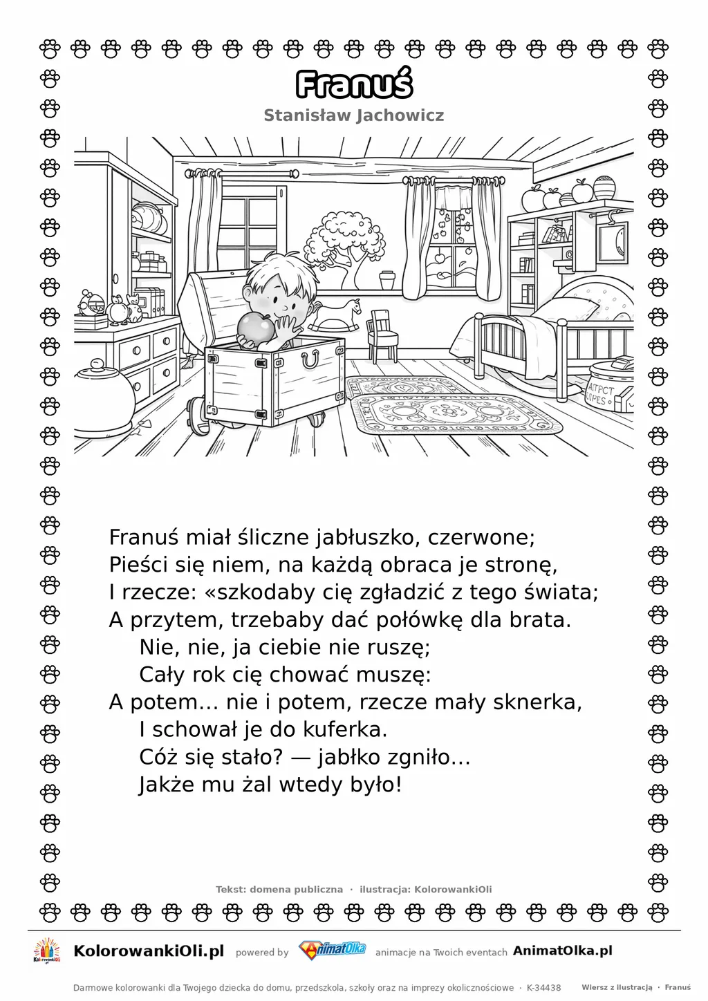Franuś (Stanisław Jachowicz) — tekst wiersza i ilustracja do kolorowania, karta A4 do druku