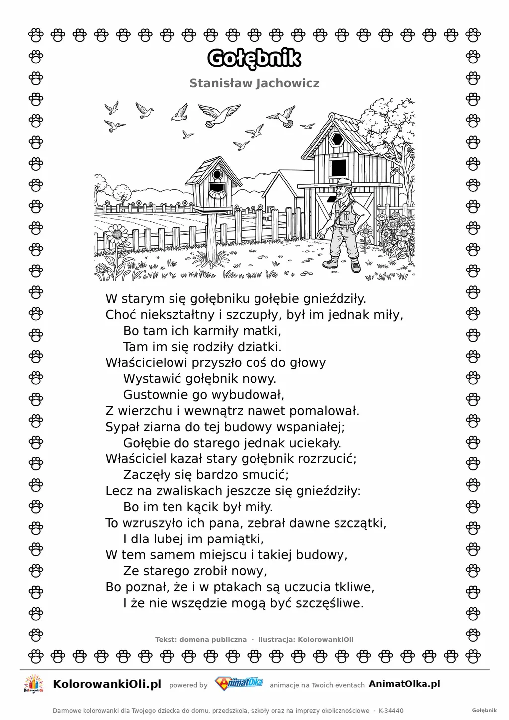 Gołębnik (Stanisław Jachowicz) — tekst wiersza i ilustracja do kolorowania, karta A4 do druku