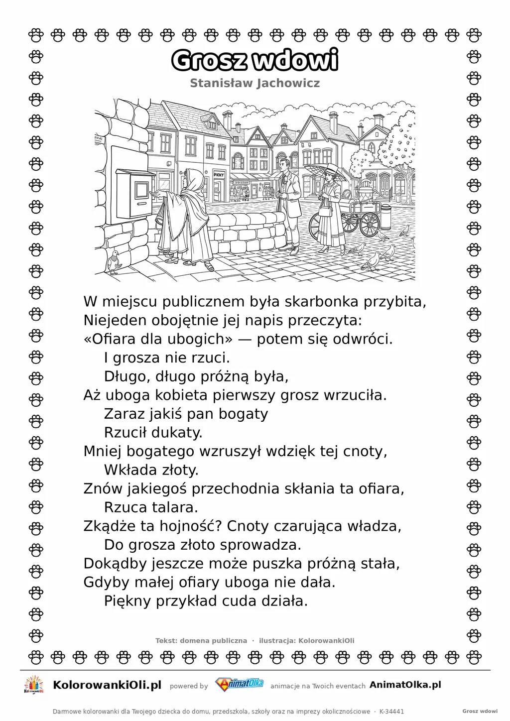 Grosz wdowi (Stanisław Jachowicz) — tekst wiersza i ilustracja do kolorowania, karta A4 do druku
