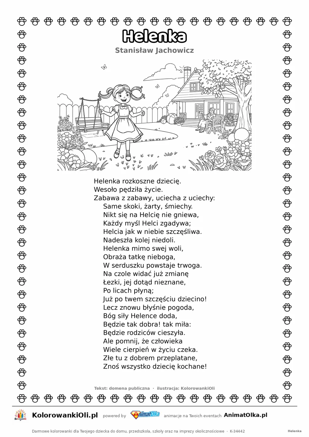 Helenka (Stanisław Jachowicz) — tekst wiersza i ilustracja do kolorowania, karta A4 do druku