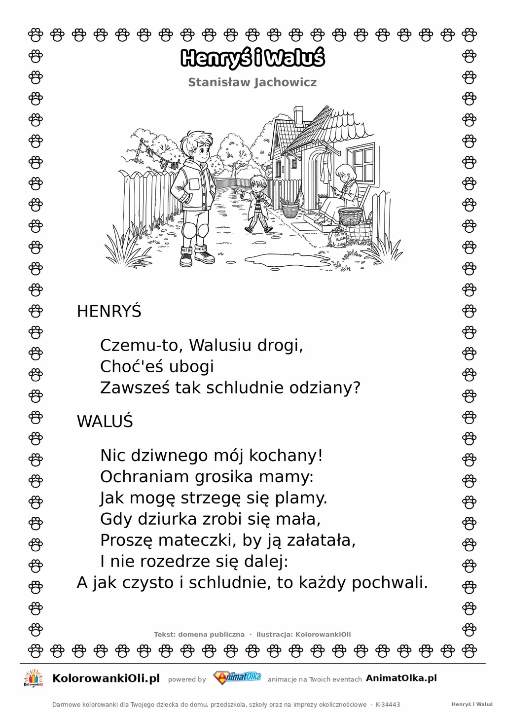 Henryś i Waluś (Stanisław Jachowicz) — tekst wiersza i ilustracja do kolorowania, karta A4 do druku