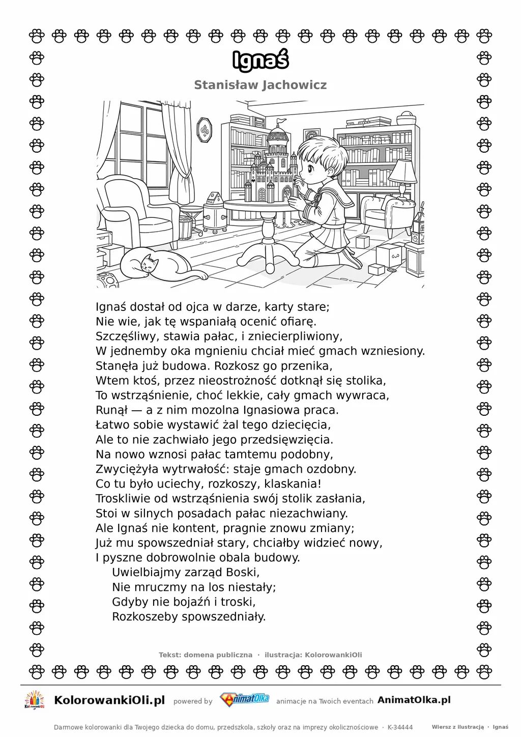 Ignaś (Stanisław Jachowicz) — tekst wiersza i ilustracja do kolorowania, karta A4 do druku