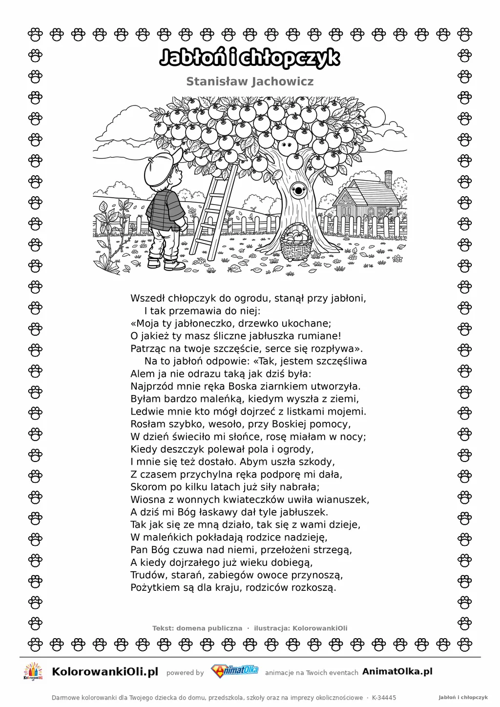 Jabłoń i chłopczyk (Stanisław Jachowicz) — tekst wiersza i ilustracja do kolorowania, karta A4 do druku