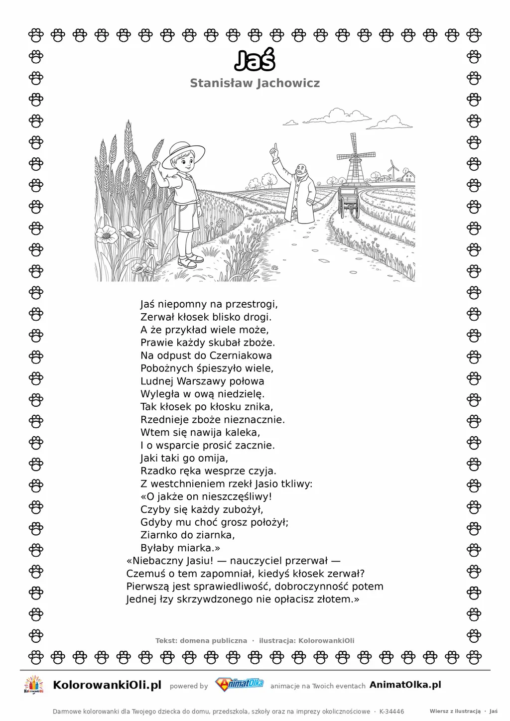 Jaś (Stanisław Jachowicz) — tekst wiersza i ilustracja do kolorowania, karta A4 do druku