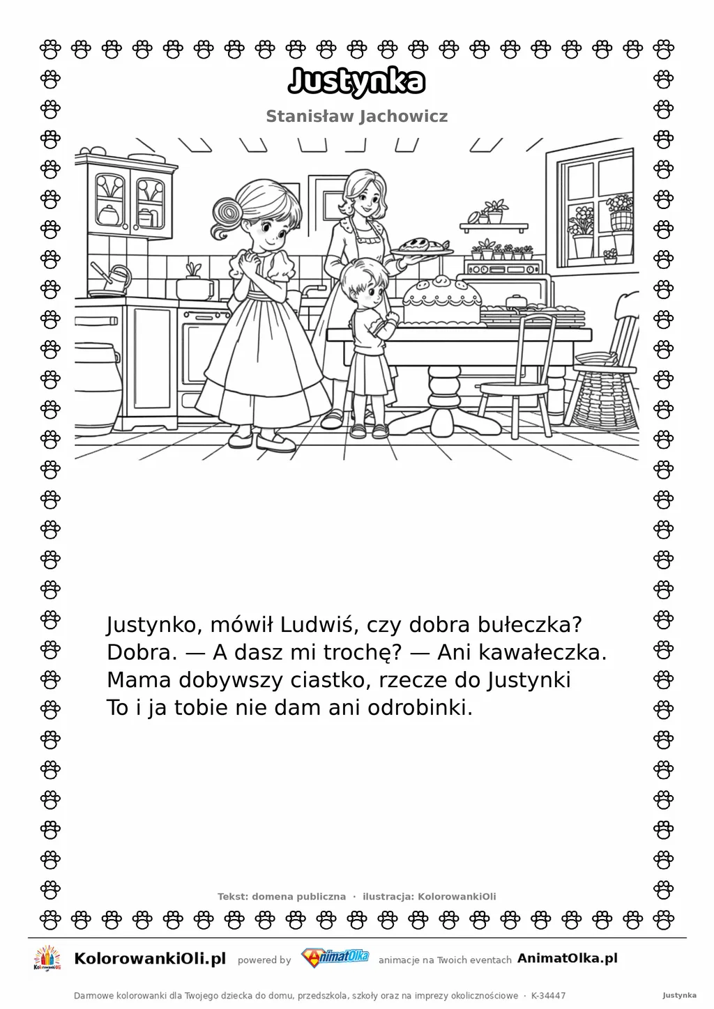 Justynka (Stanisław Jachowicz) — tekst wiersza i ilustracja do kolorowania, karta A4 do druku
