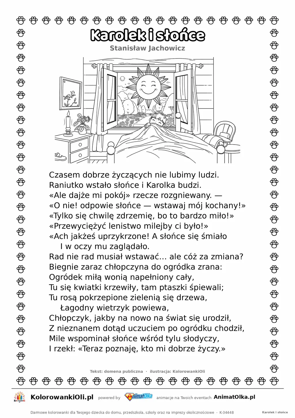 Karolek i słońce (Stanisław Jachowicz) — tekst wiersza i ilustracja do kolorowania, karta A4 do druku
