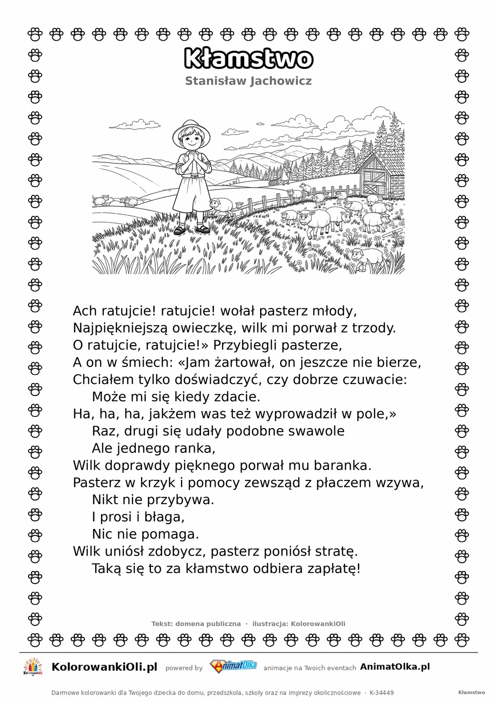 Kłamstwo (Stanisław Jachowicz) — tekst wiersza i ilustracja do kolorowania, karta A4 do druku