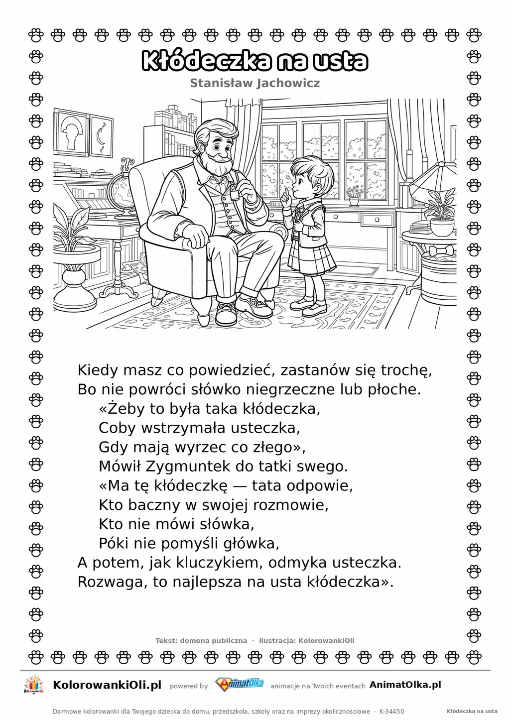 Kłódeczka na usta (Stanisław Jachowicz) — tekst wiersza i ilustracja do kolorowania, karta A4 do druku