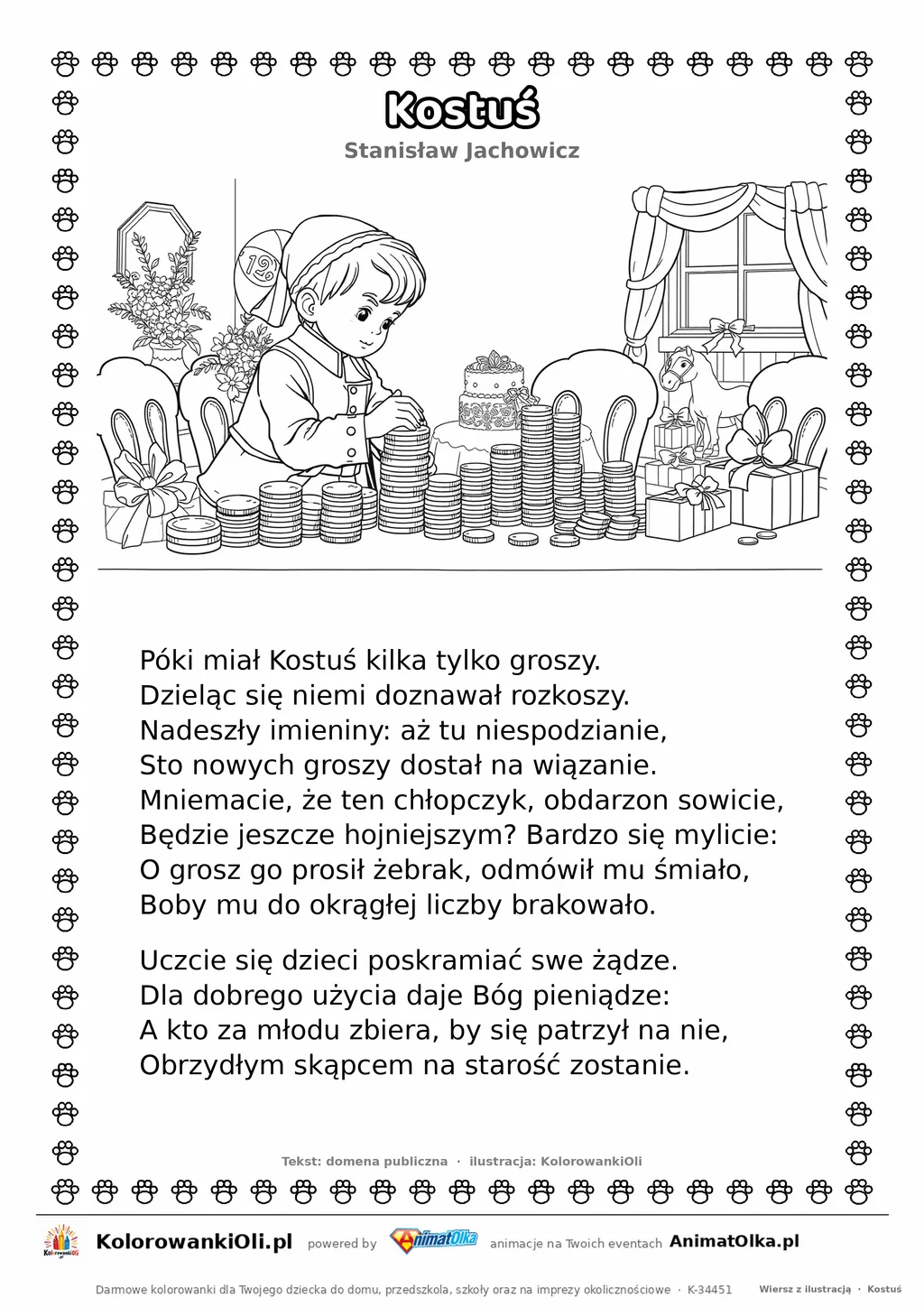 Kostuś (Stanisław Jachowicz) — tekst wiersza i ilustracja do kolorowania, karta A4 do druku