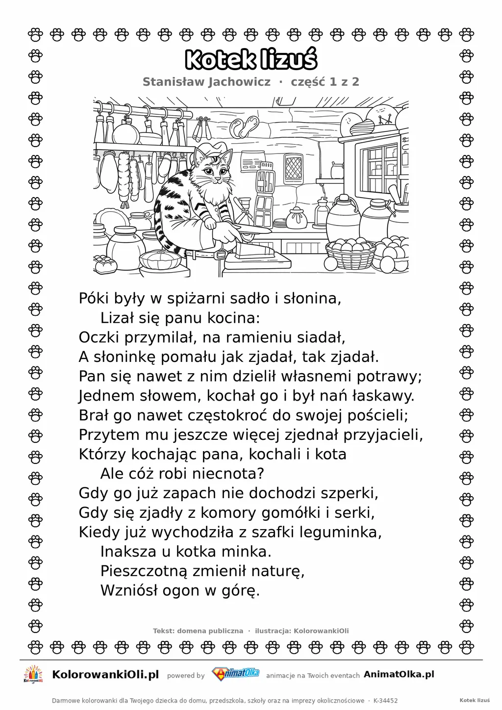 Kotek lizuś (Stanisław Jachowicz) — tekst wiersza i ilustracja do kolorowania (część 1 z 2), karta A4 do druku