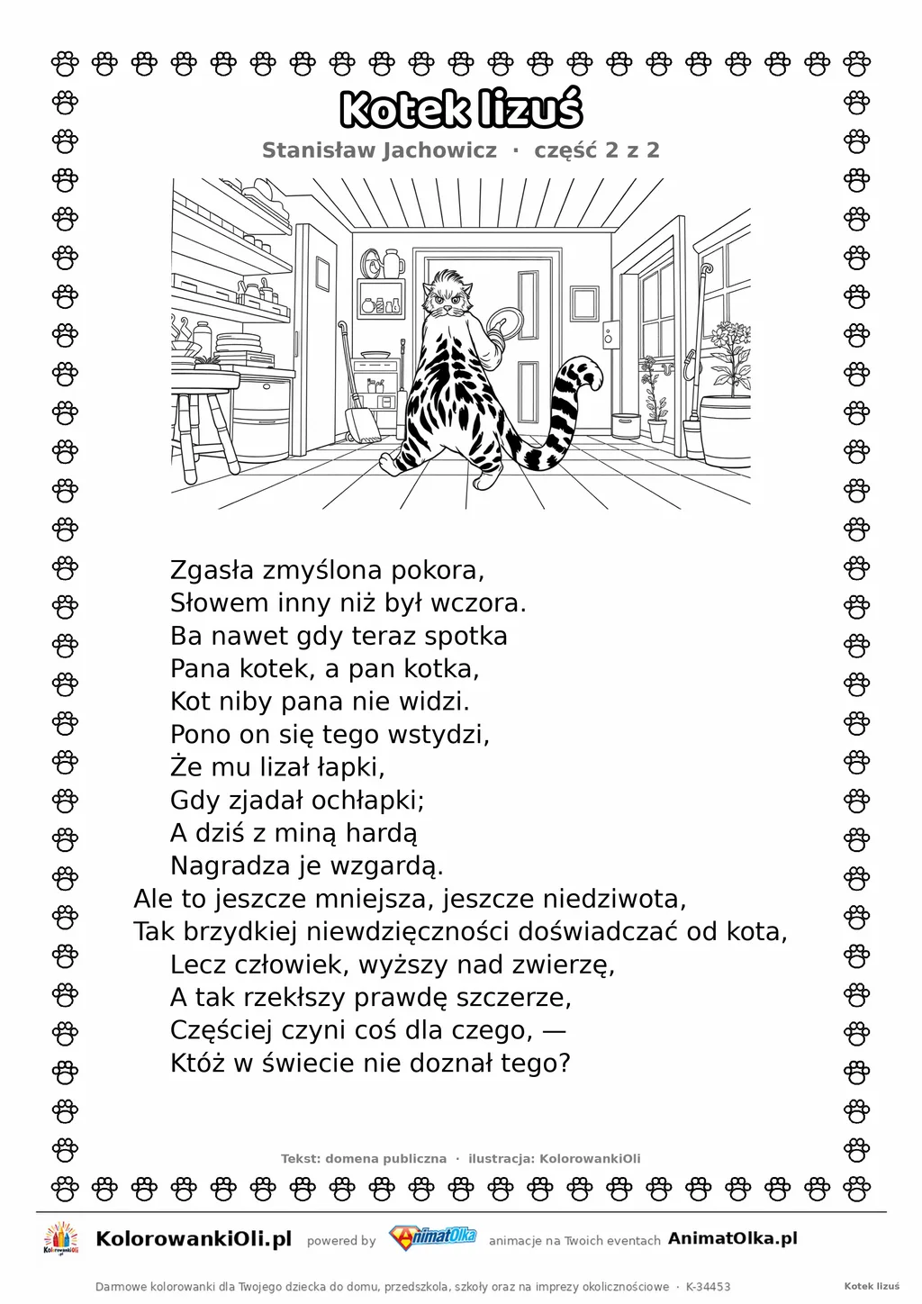 Kotek lizuś (Stanisław Jachowicz) — tekst wiersza i ilustracja do kolorowania (część 2 z 2), karta A4 do druku