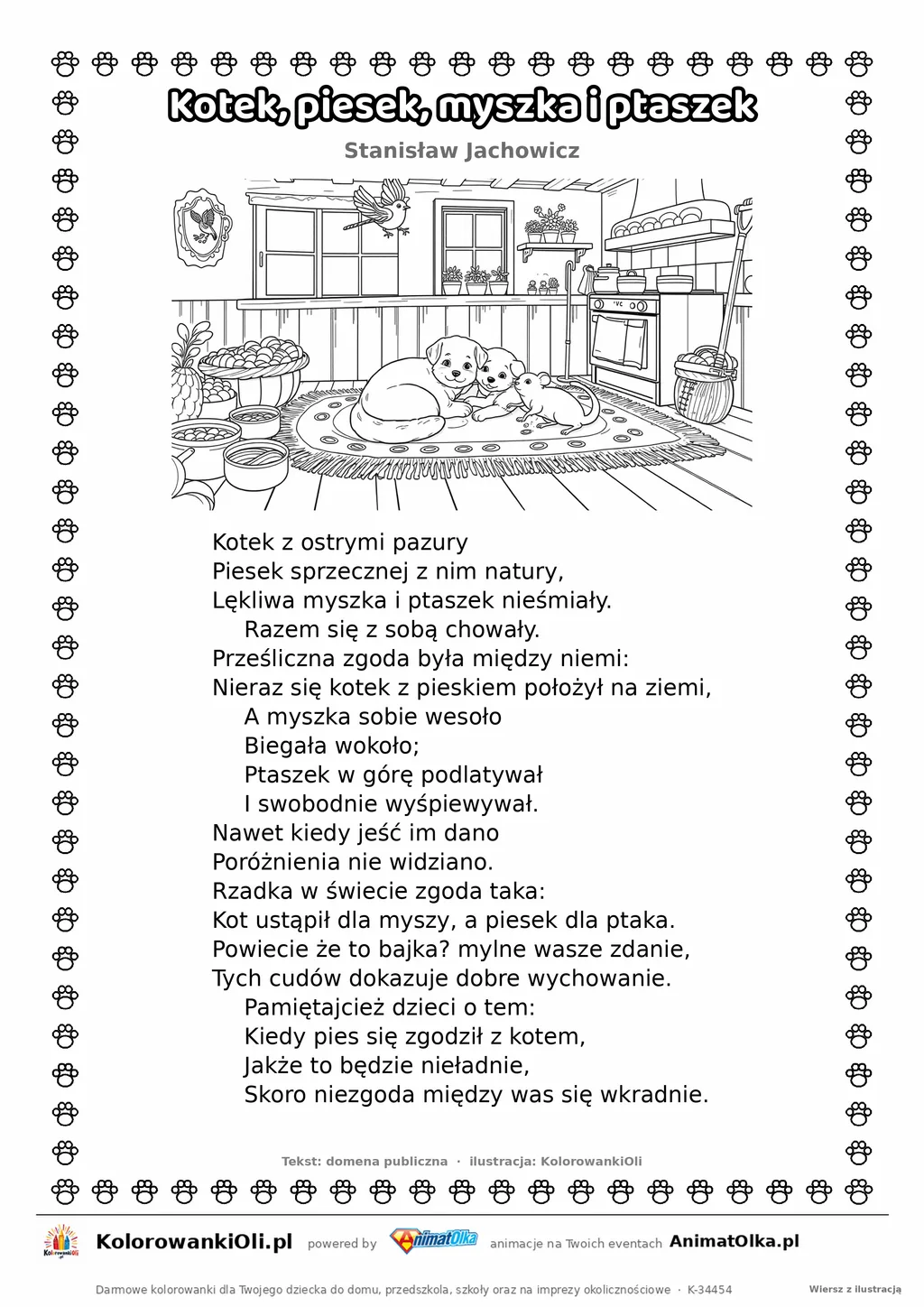 Kotek, piesek, myszka i ptaszek (Stanisław Jachowicz) — tekst wiersza i ilustracja do kolorowania, karta A4 do druku