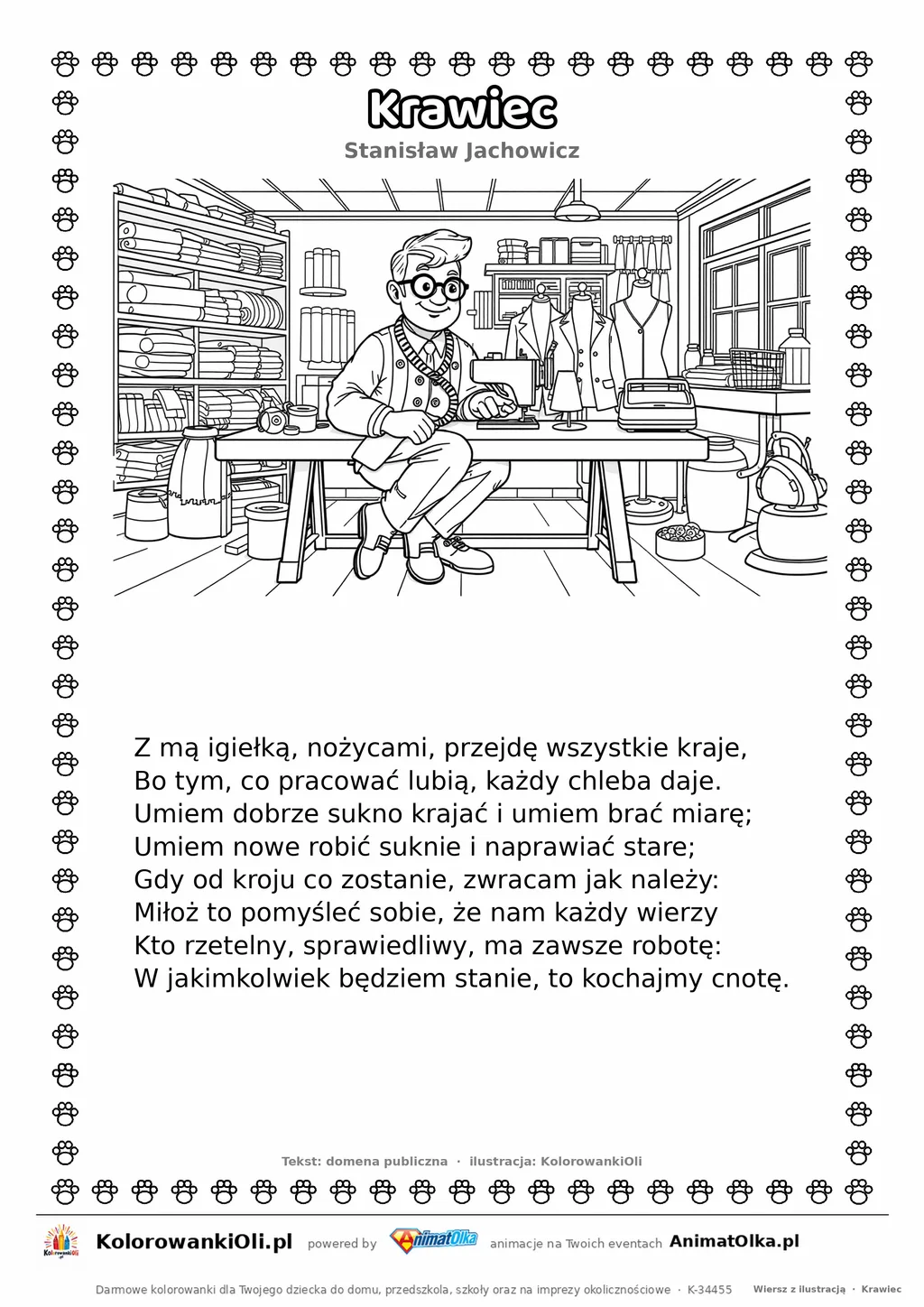 Krawiec (Stanisław Jachowicz) — tekst wiersza i ilustracja do kolorowania, karta A4 do druku