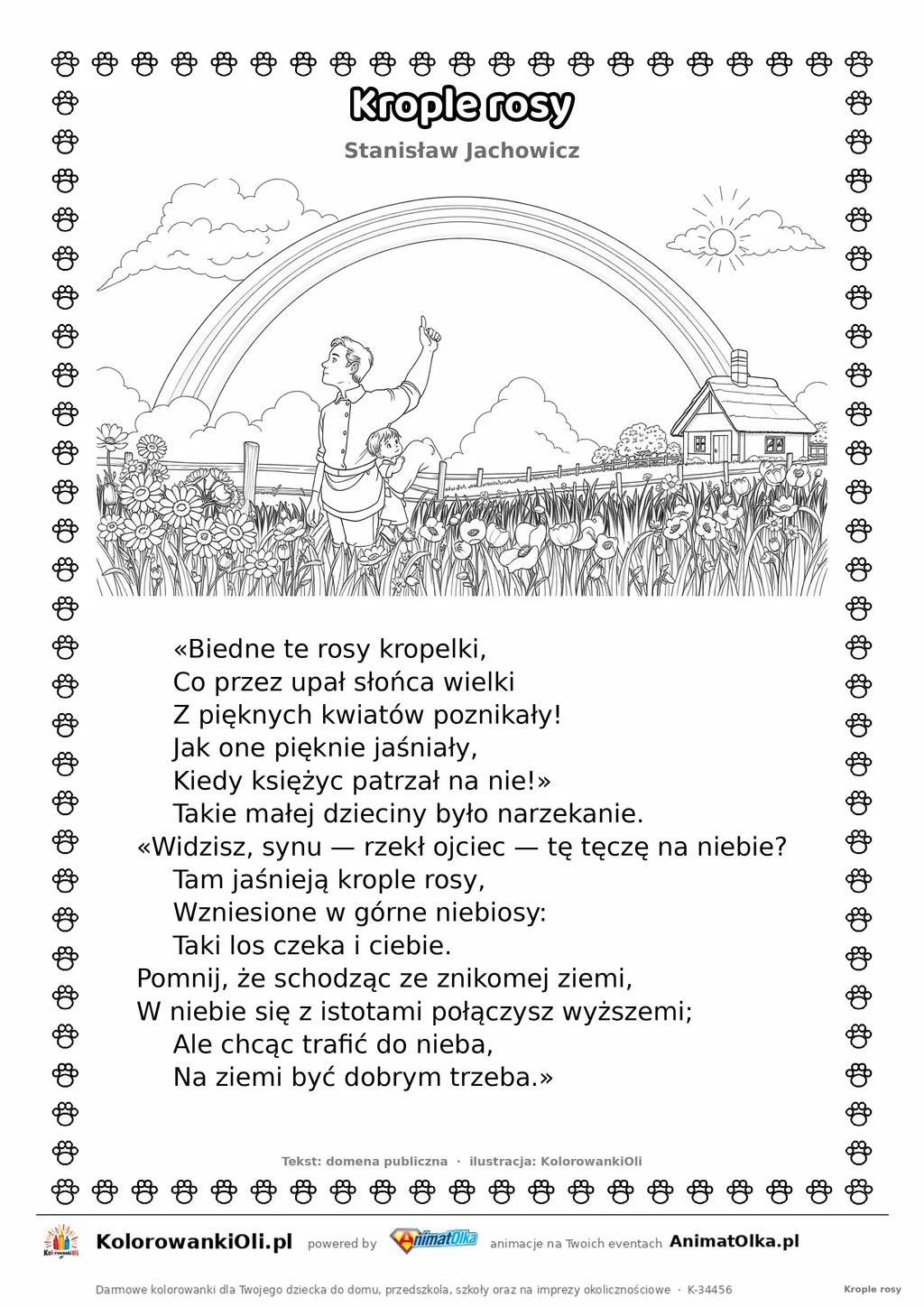 Krople rosy (Stanisław Jachowicz) — tekst wiersza i ilustracja do kolorowania, karta A4 do druku