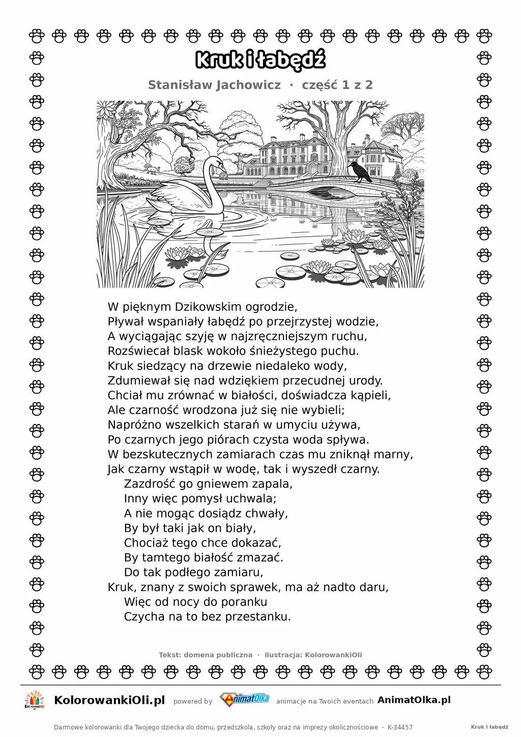 Kruk i łabędź (Stanisław Jachowicz) — tekst wiersza i ilustracja do kolorowania (część 1 z 2), karta A4 do druku