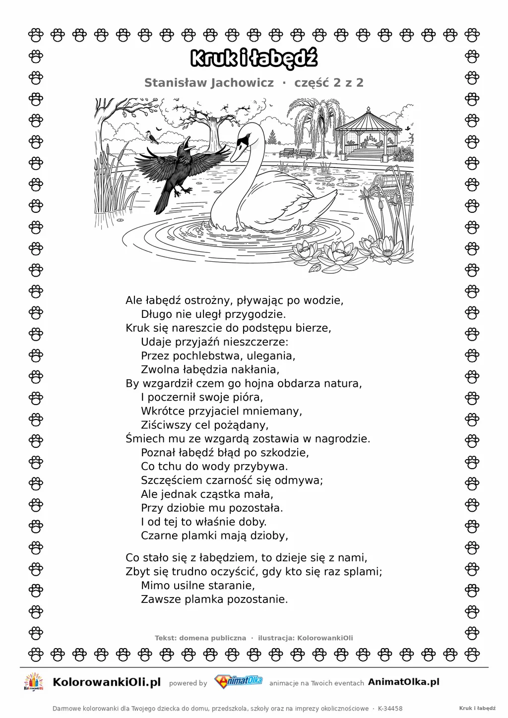 Kruk i łabędź (Stanisław Jachowicz) — tekst wiersza i ilustracja do kolorowania (część 2 z 2), karta A4 do druku