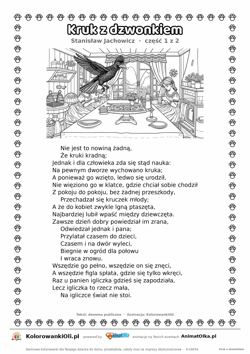 Kruk z dzwonkiem (Stanisław Jachowicz) — tekst wiersza i ilustracja do kolorowania (część 1 z 2), karta A4 do druku