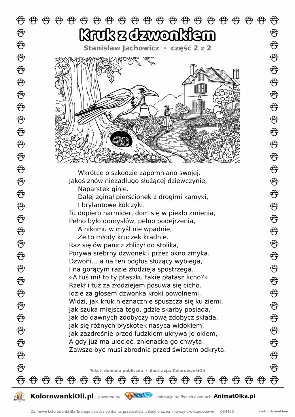 Kruk z dzwonkiem (Stanisław Jachowicz) — tekst wiersza i ilustracja do kolorowania (część 2 z 2), karta A4 do druku