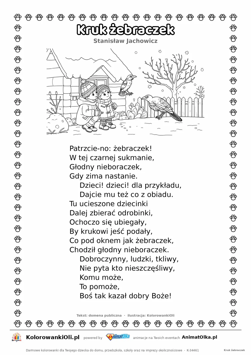 Kruk żebraczek (Stanisław Jachowicz) — tekst wiersza i ilustracja do kolorowania, karta A4 do druku