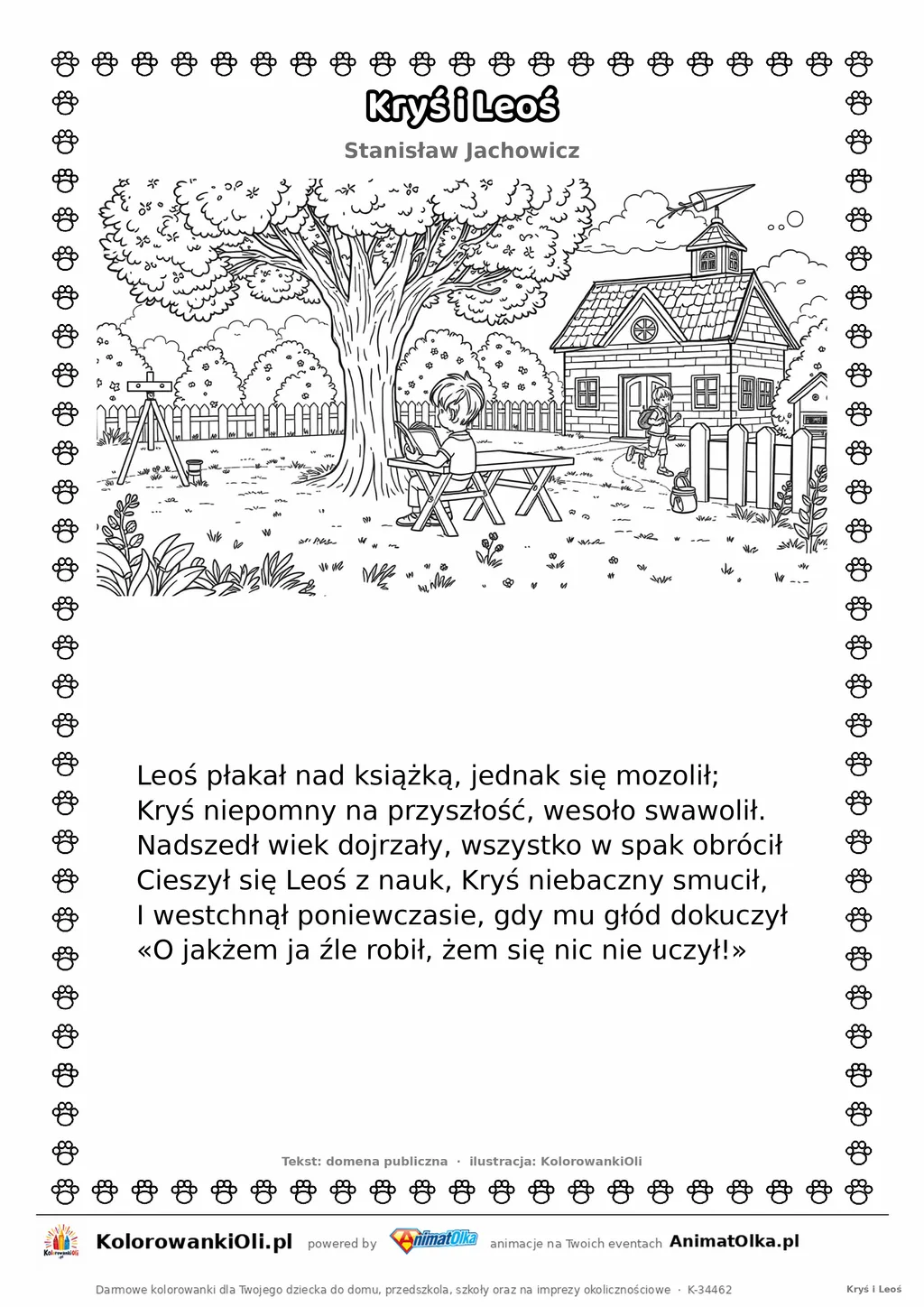 Kryś i Leoś (Stanisław Jachowicz) — tekst wiersza i ilustracja do kolorowania, karta A4 do druku